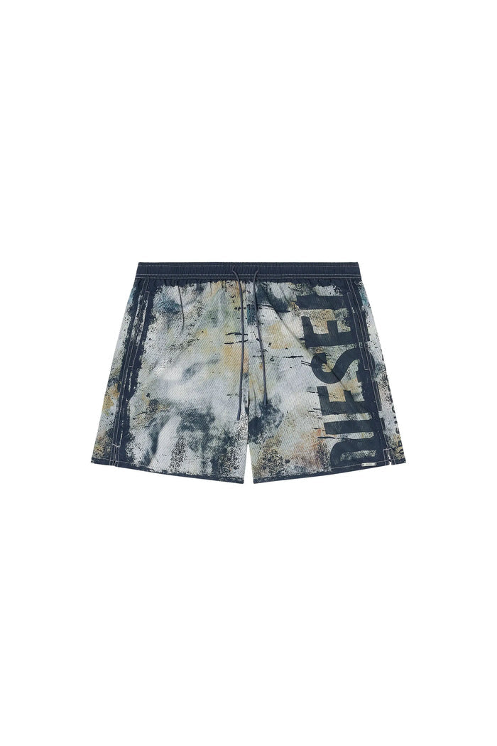 Swim shorts with distressed print and maxi logo