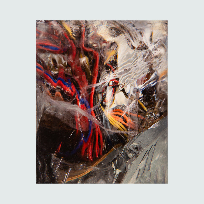 The artwork 'The Current' features dynamic abstract expressionism with bold red veins coursing through a stormy composition of grays and whites. Vibrant blue accents and amber strokes create movement across the textured surface, suggesting a powerful flow of energy. Mixed media on cradled panel, 10x8 inches by Sarah Canfield.