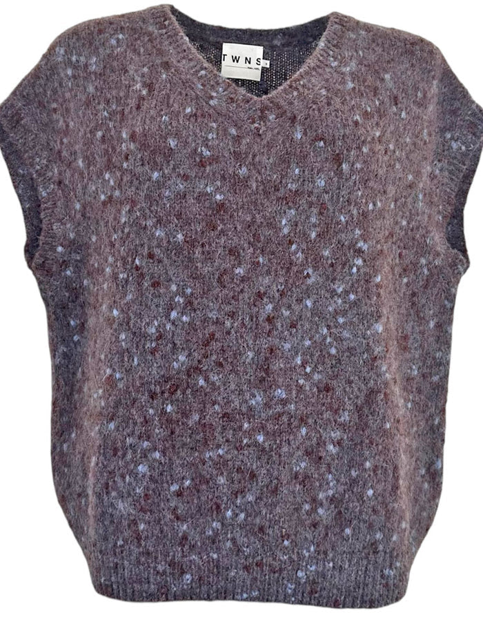 TWNS The Label Madelina Fluffy V-Neck Sleeveless Sweater Burgundy / Blue