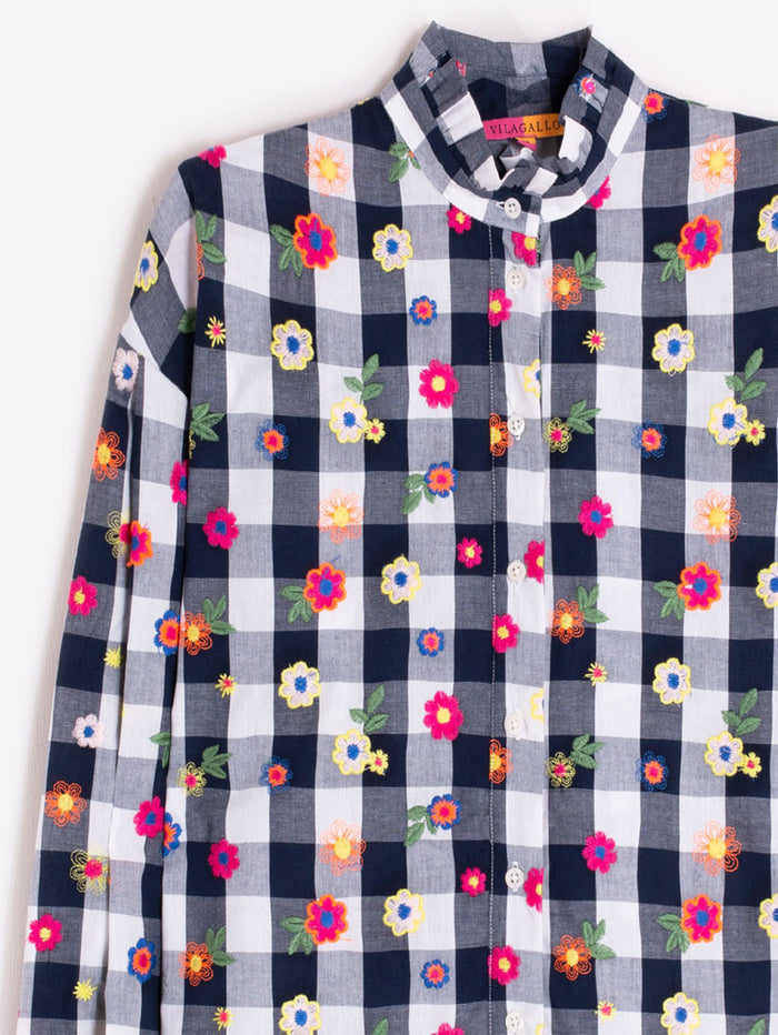 Vilagallo Navy Check Blouse with Floral Detail