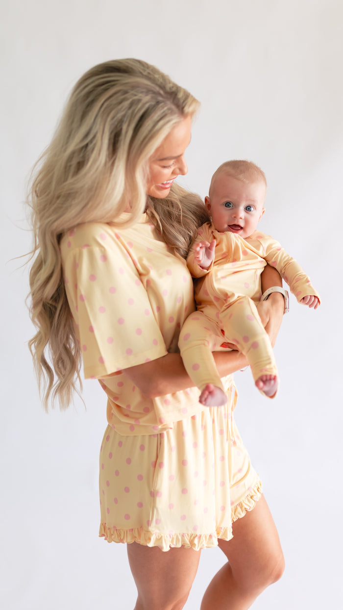 Women's Ruffle Short Set in Yellow Polka Dot
