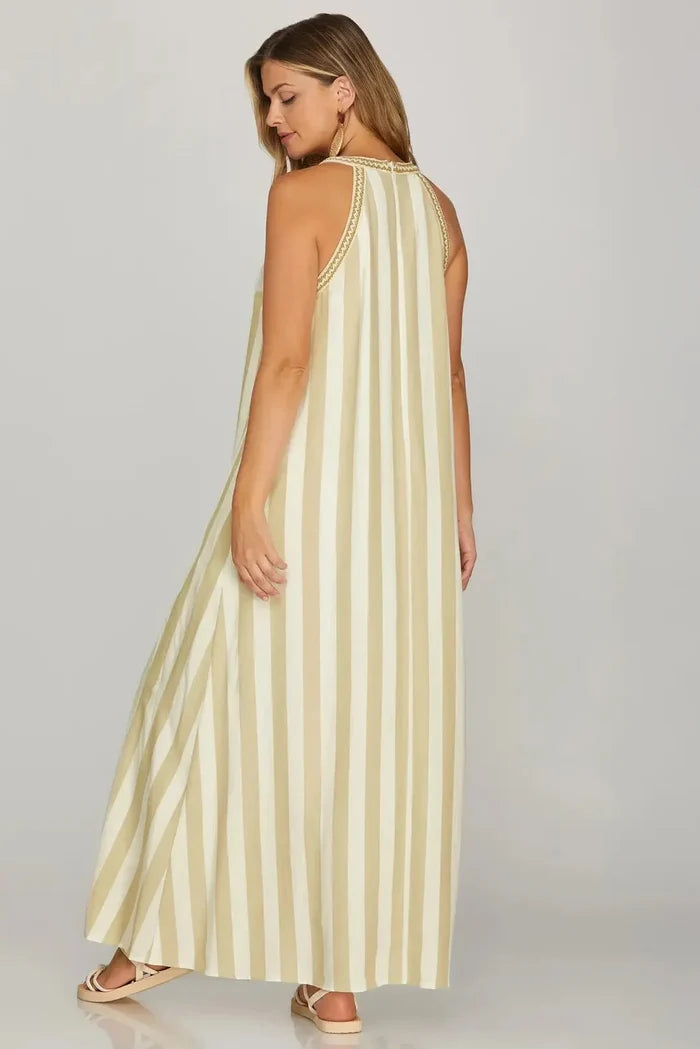 Women's Striped Halter Neck A-Line Maxi Dress