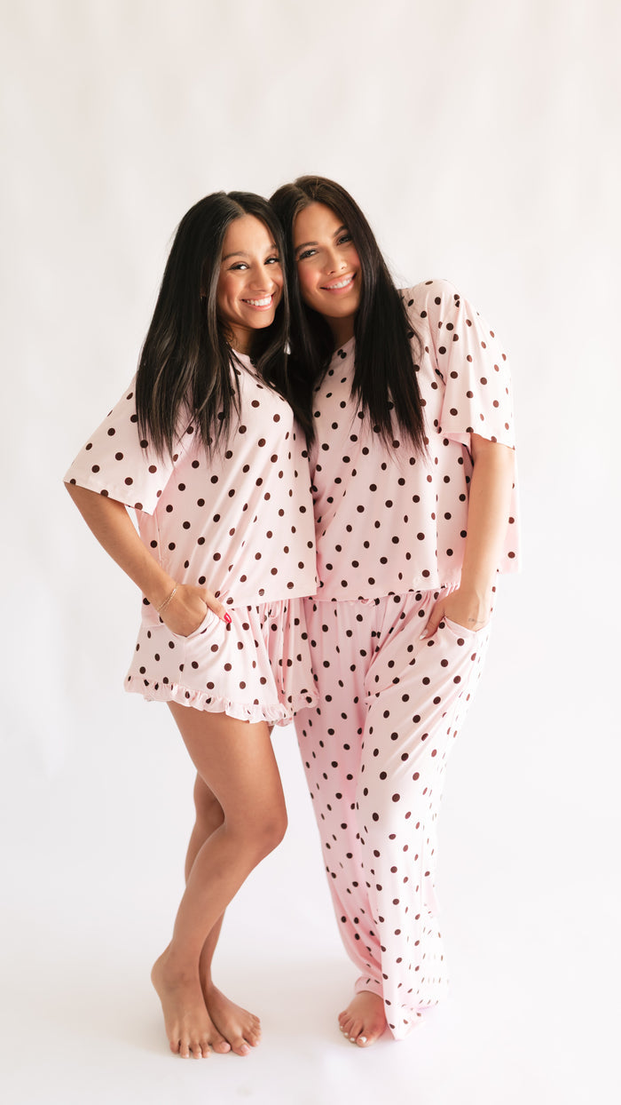 Women's T-Shirt and Pants Set in Pink & Brown Polka Dot