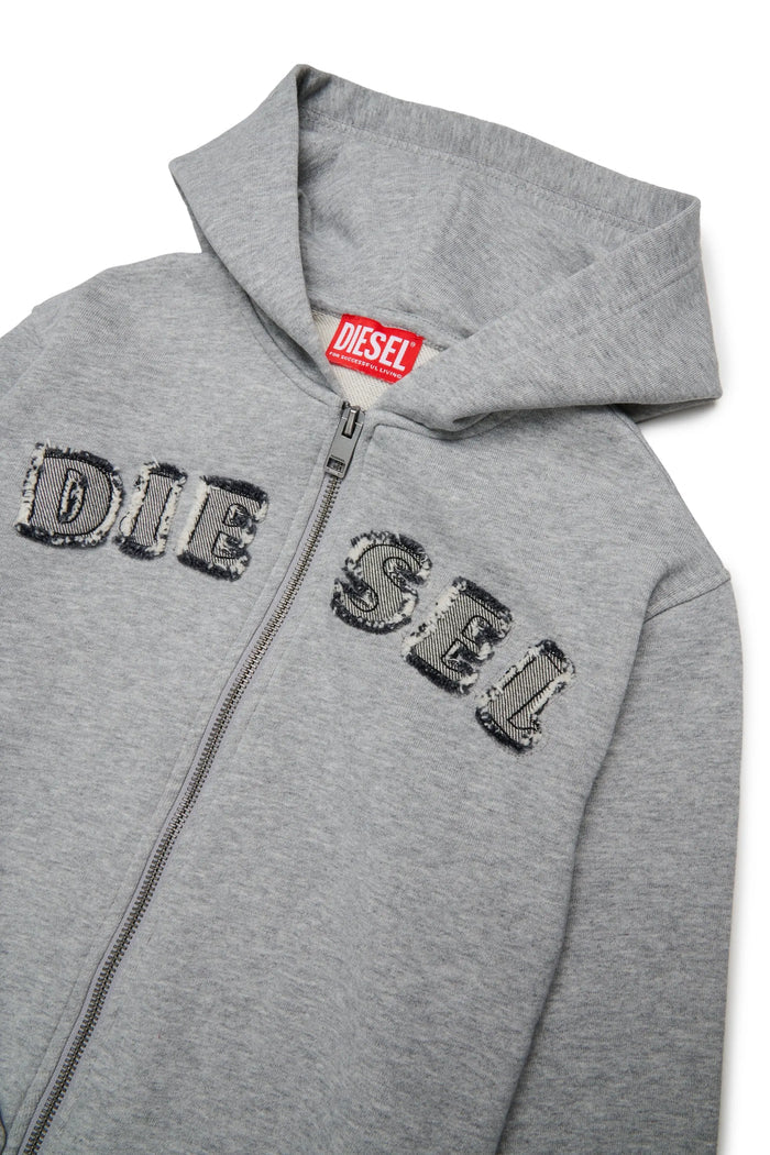 Zip-up hoodie with frayed logo letters