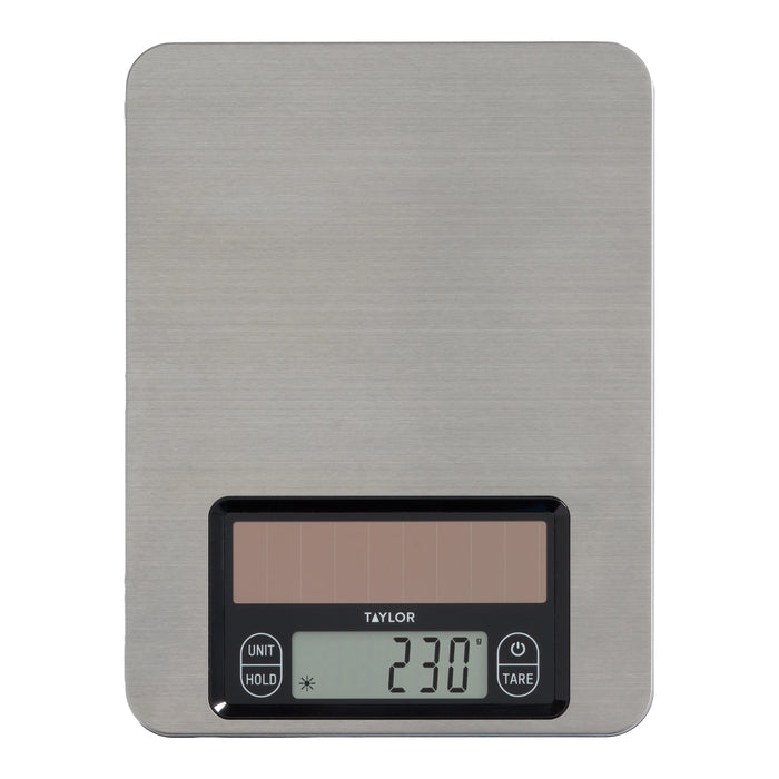 11 lb capacity digital stainless steel scale with brushed finish.