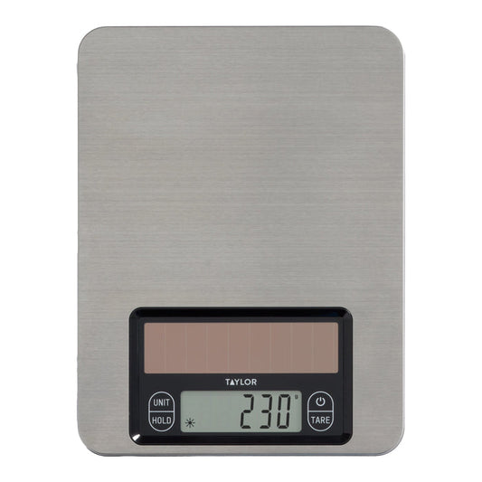 11 lb capacity digital stainless steel scale with brushed finish.