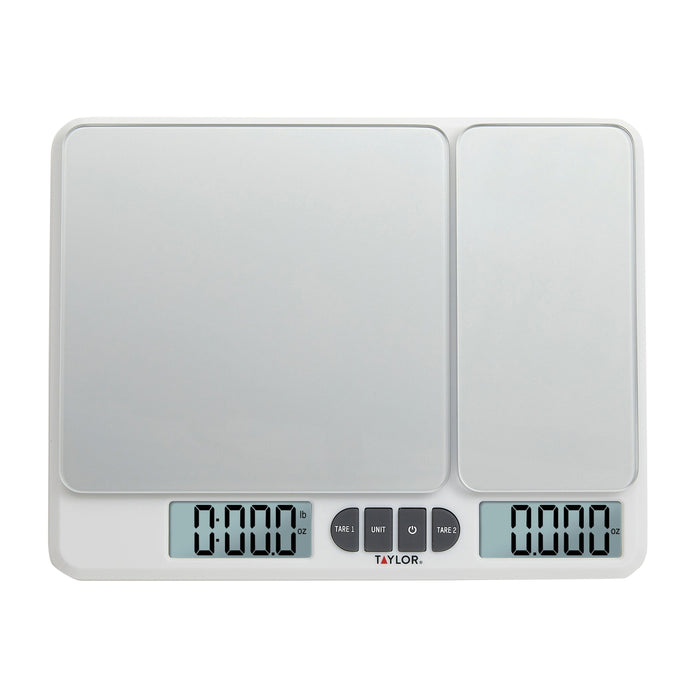 Close up of a white 11 lb dual platform kitchen scale with two large rectangular weighing surfaces and a digital display