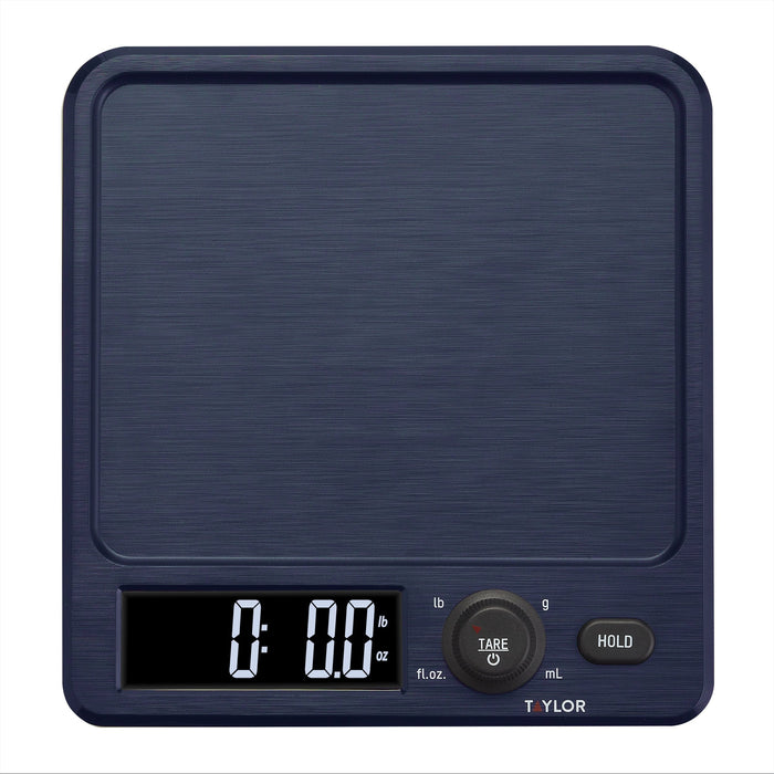 Close up of a dark blue antimicrobial kitchen scale’s textured top with rounded corners