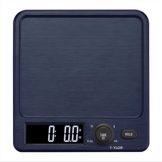 Close up of a dark blue antimicrobial kitchen scale’s textured top with rounded corners