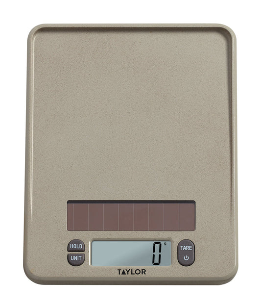 Taylor 11 lb digital kitchen scale front view with beige speckled finish and empty weighing tray