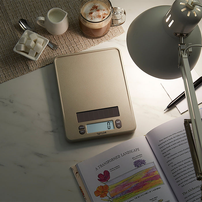 Overhead view of Taylor digital scale on a kitchen counter surrounded by a mug, sugar cubes and utensils