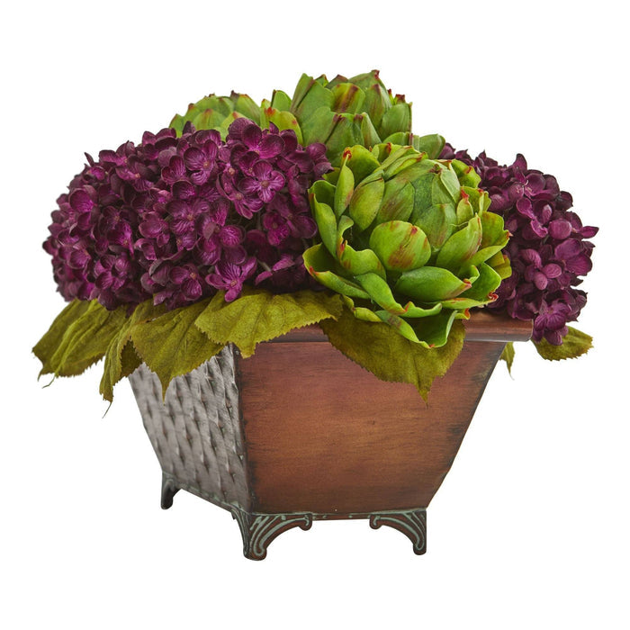 12" Hydrangea & Artichokes Artificial Arrangement in Metal Planter"