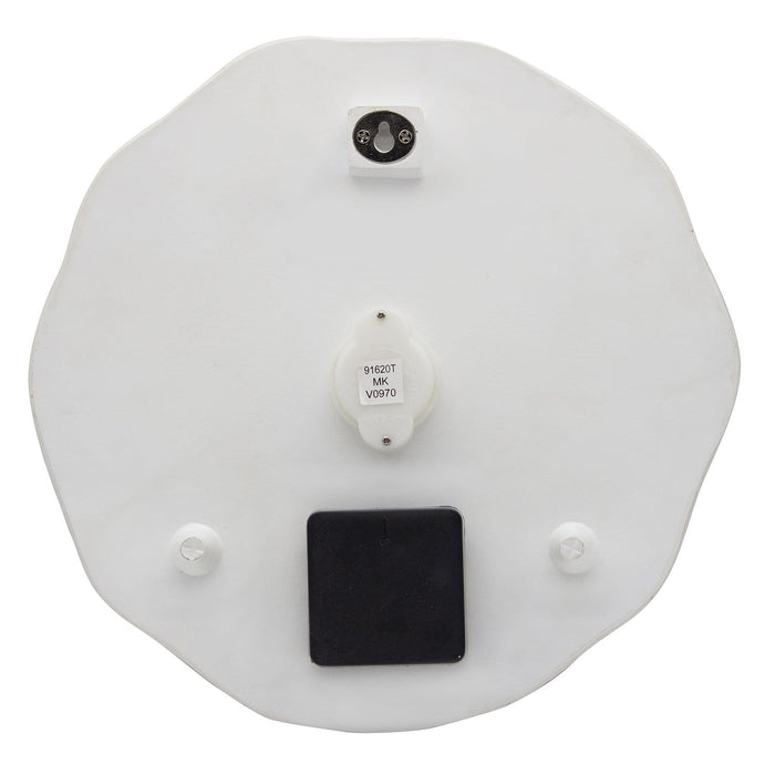 Back view of the decorative sandals thermometer with clock showing a keyhole wall mount and white base