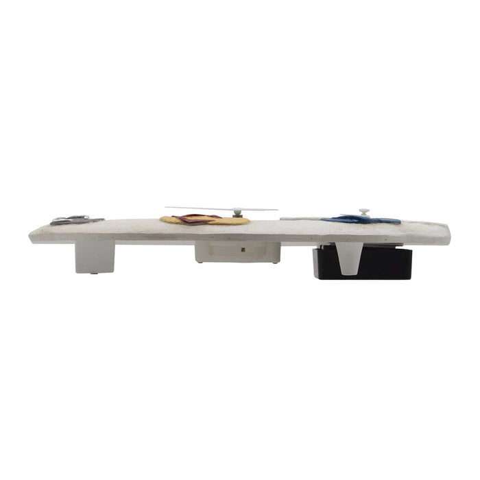 Side view of the white sandals thermometer with clock showing slim profile and mounting hardware