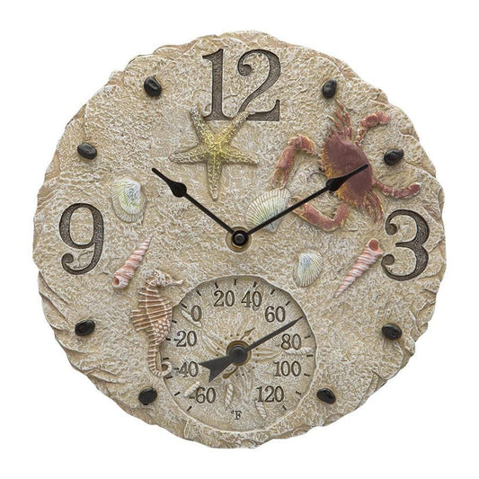 12 inch seashells clock featuring a starfish and assorted shells with a built in thermometer at the bottom