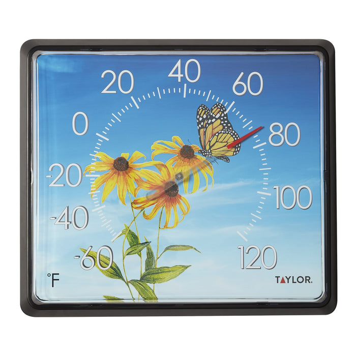 12x14 butterfly dial thermometer showing a butterfly among yellow flowers on a bright blue sky background