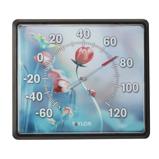 Back view of a 12x14 Ladybug dial thermometer housing with mounting clips
