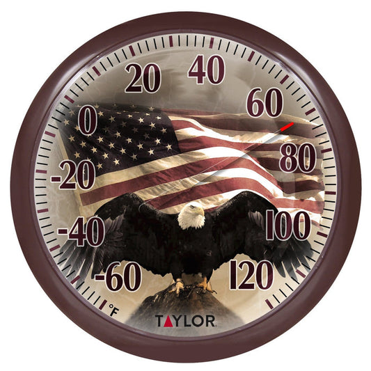 Front view of a brown 13.25 inch Bald Eagle thermometer featuring an American flag background and eagle image.