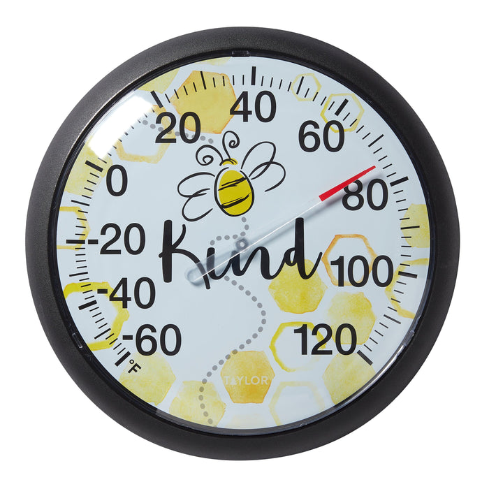 13.25 inch Bee Kind thermometer close up showing bee illustration and honeycomb accents.
