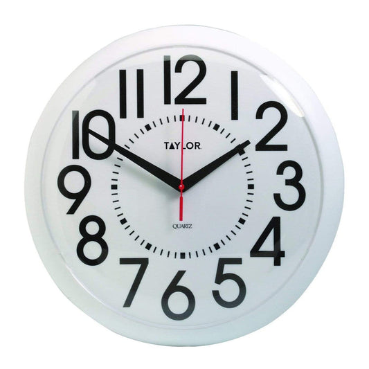 Round wall clock with oversized black numerals on a white dial and a black frame