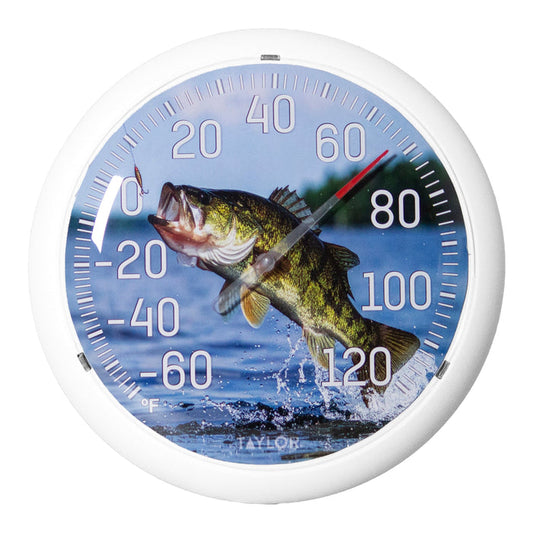 Close-up of a 13.25 inch Jumping Fish Thermometer dial featuring a jumping fish