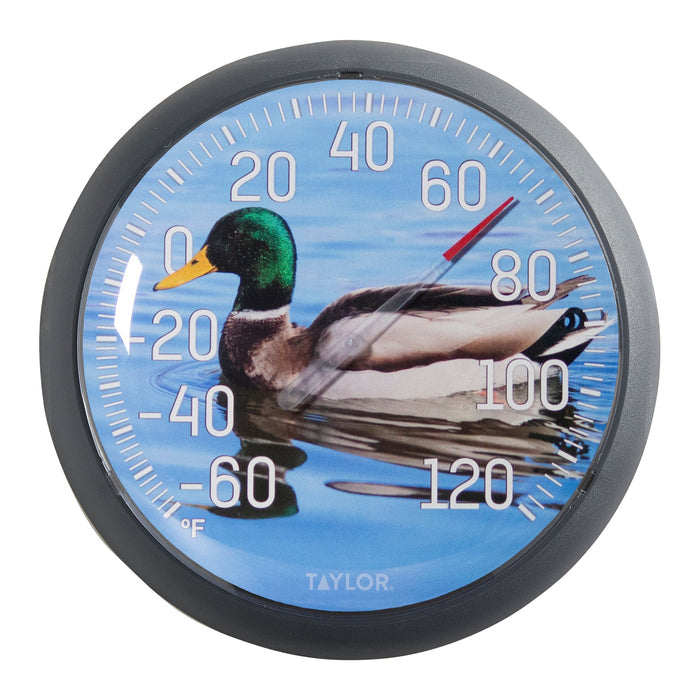 13.25 inch Mallard Duck Thermometer face with a mallard on a blue sky background