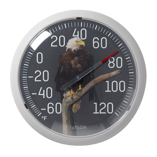 13.25 inch Nature Series Eagle Thermometer close-up on weathered wood with bold dial numbers
