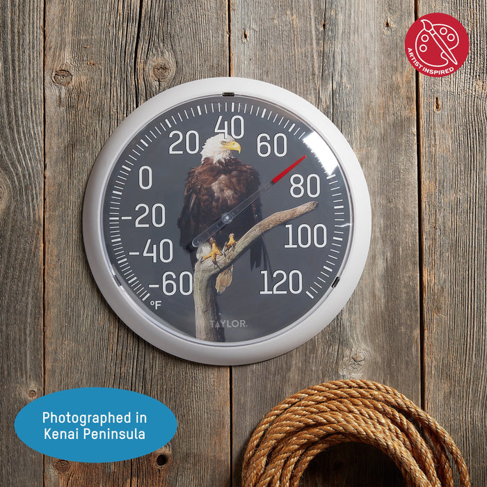 13.25 inch Nature Series Eagle Thermometer showing an eagle perched on a branch on wood background