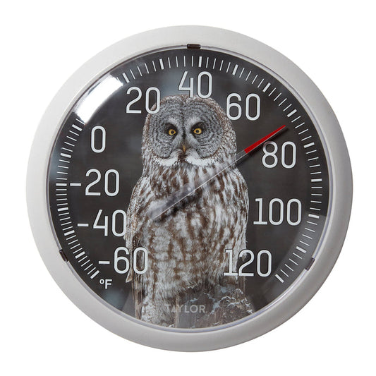 Close up of 13.25 inch Nature Series Owl Thermometer showing an owl portrait on a black dial.