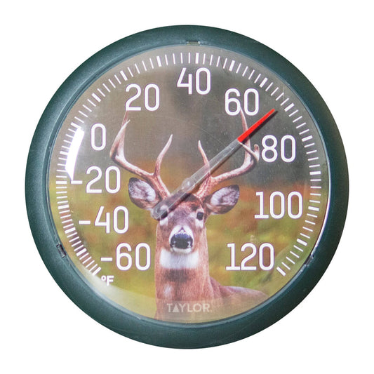 13.25 inch Regal Buck Thermometer dial featuring a deer against a natural background mounted on white siding
