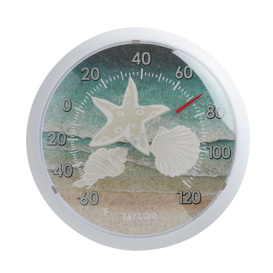 Front close up of Seashells by the Sea thermometer with seashell artwork and temperature scale
