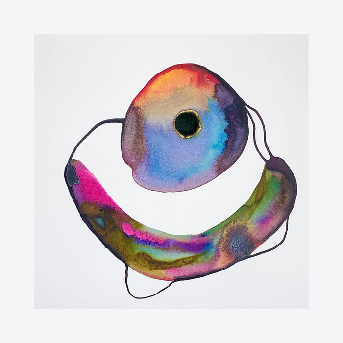 1343 Abstract watercolor and ink painting featuring a fluid curved shape in vibrant rainbow colors including pink, blue, orange, and purple, with a dark circular void in the center, creating a dynamic organic form against white background