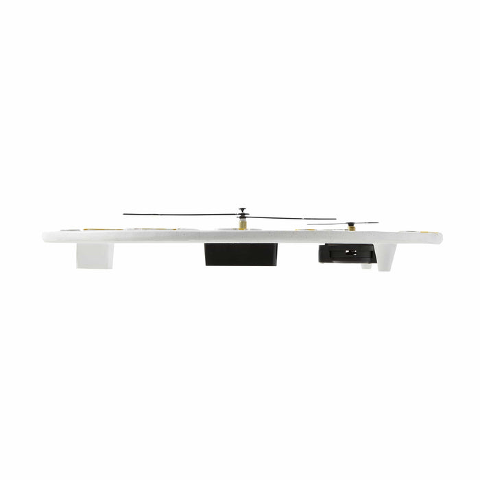 Lower side view of the clock on a display stand with base hardware