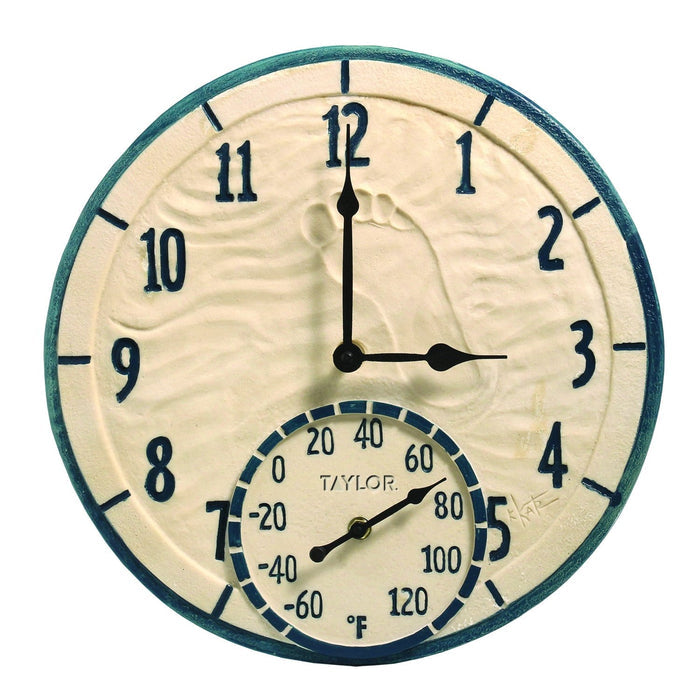 Close-up of a 14 inch beige coastal clock with bold numerals and a built-in thermometer at the bottom