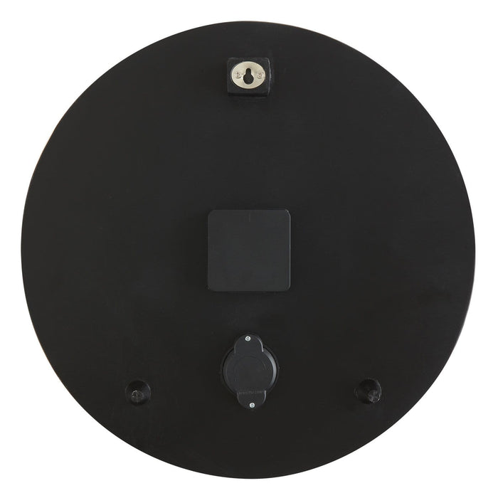 Back view of the round black clock showing wall mounting bracket and adjustment knob