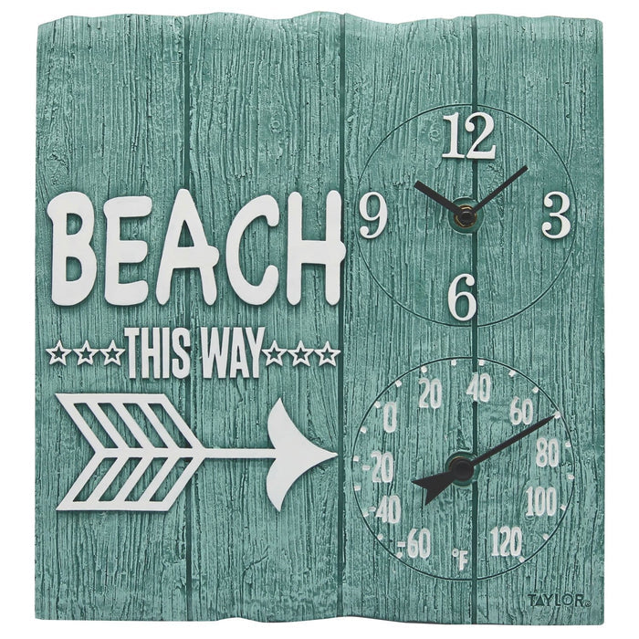 Teal 14x14 Beach This Way clock with bold white lettering and thermometer dial on the right