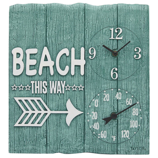 Teal 14x14 Beach This Way clock with bold white lettering and thermometer dial on the right