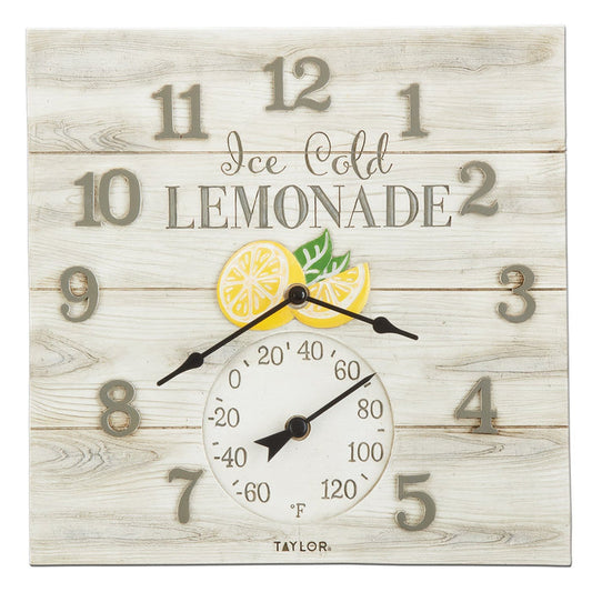 Square lemonade clock on a light wood background featuring a lemon graphic and thermometer dial at the bottom