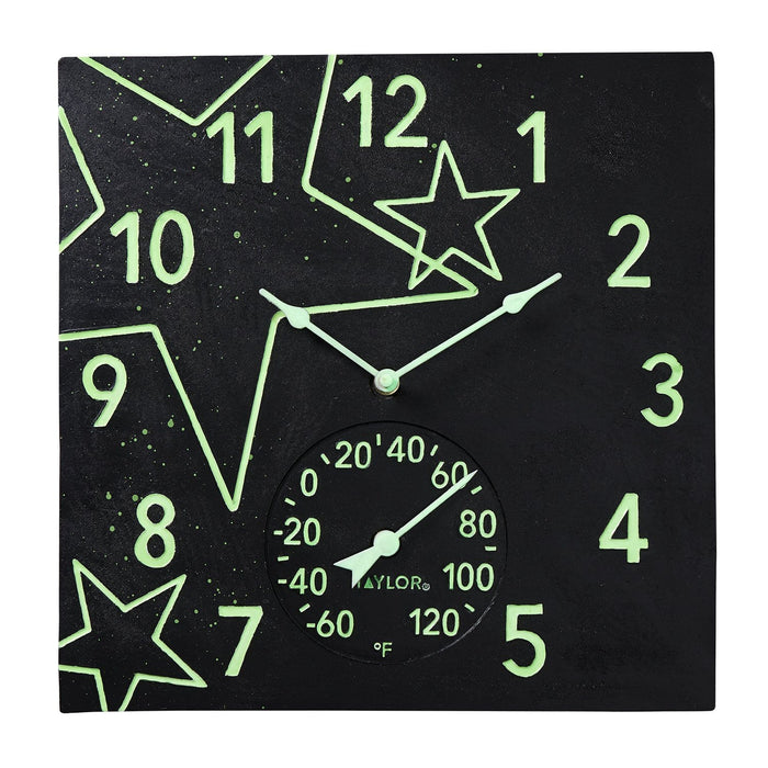 14x14 Midnight Stars Glow in the Dark Clock with Thermometer featuring lime green stars and numbers on a black surface