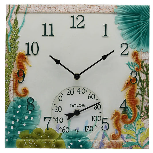 Front view of a 14x14 inch Seahorse Clock with Thermometer featuring decorative seahorses and teal sea plants.