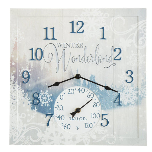 14x14 Winter Wonderland clock with thermometer on a snowy blue design.