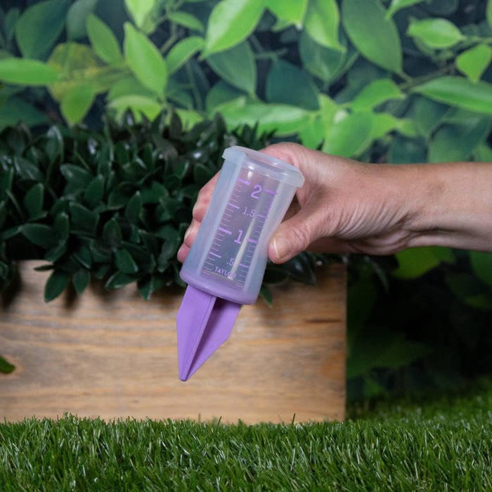 Purple 2 inch silicone sprinkler gauge held in hand over a wooden surface with greenery in the background