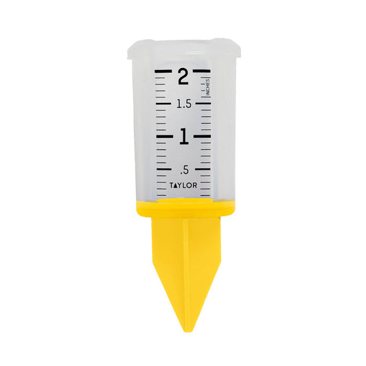 Yellow 2 inch silicone sprinkler gauge with white body and black markings held upright.