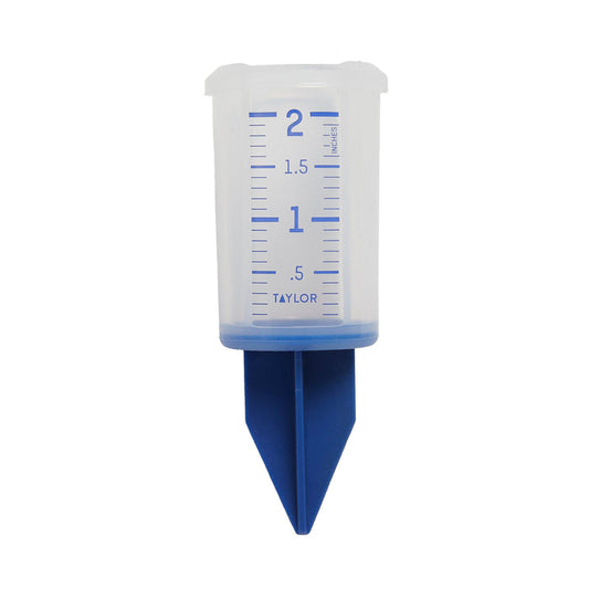 Close up of a 2 inch silicone sprinkler gauge with blue measurement marks and Taylor branding.