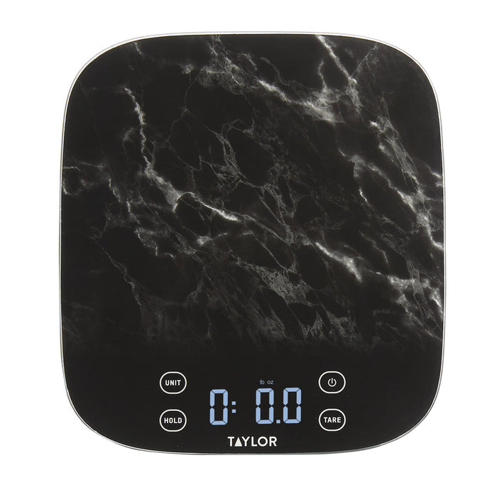 Front view of a black marble digital kitchen scale with unit and tare buttons