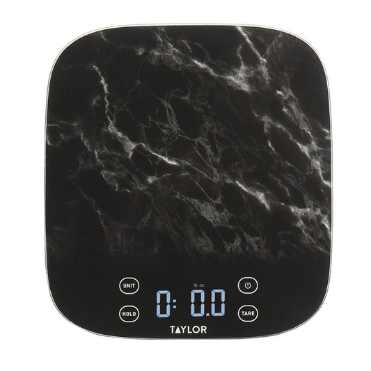 Front view of a black marble digital kitchen scale with unit and tare buttons