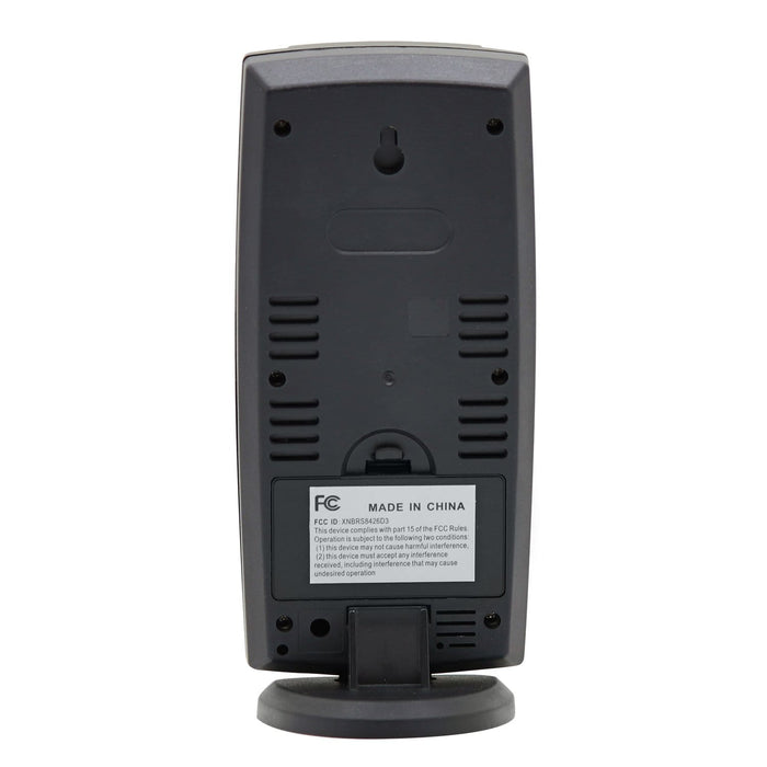Back view of a black 3 Channel Wireless Weather Station on a circular base stand with vents and label