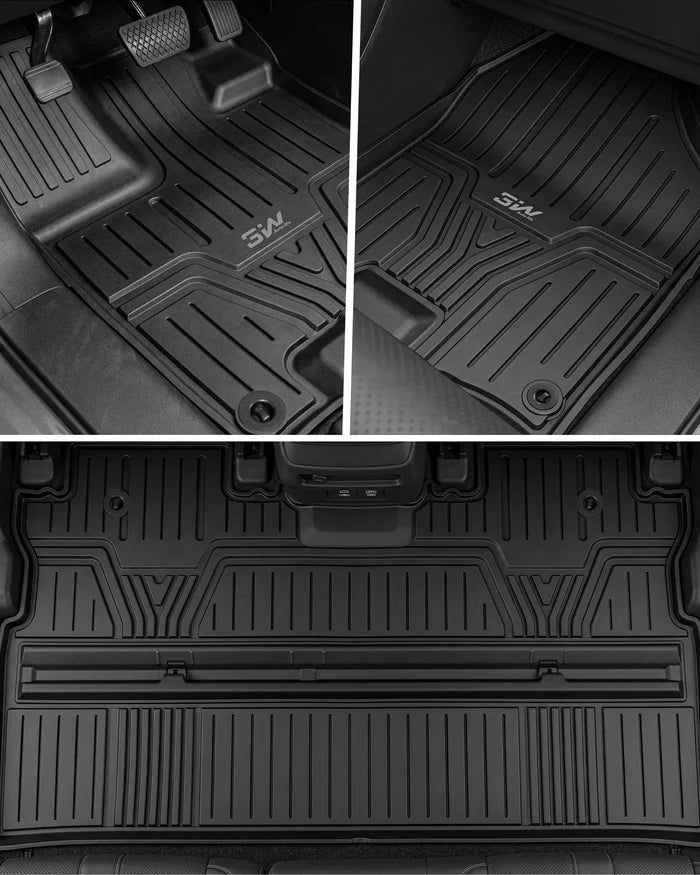 Full set of 3W black custom fit floor mats including driver passenger and 2nd row liner shown above white 2017-2026 Honda Ridgeline pickup truck