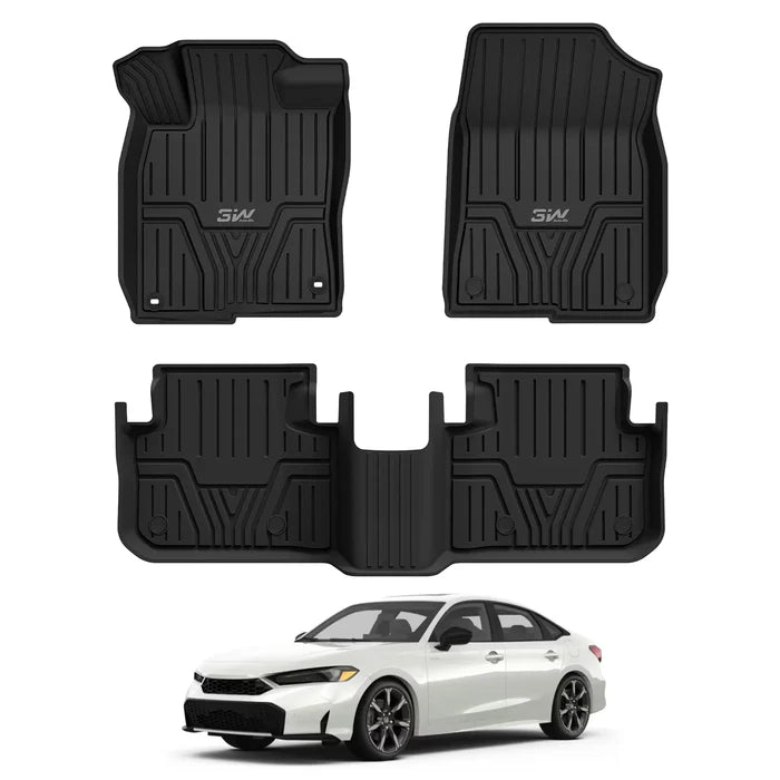 Full set of 3W black custom fit floor mats including driver passenger and 2nd row liner shown above white 2022-2027 Honda Civic Hybrid version