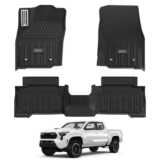 3W Floor Mats Fit for Toyota Tacoma Hybrid 2024 2025 2026 with Metal Pedals, TPE All Weather Custom Fit Floor Liner for Tacoma Accessories 1st and 2nd Row Full Set Car Mats Easy Clean, Black